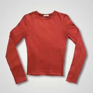 ❗️SOLD❗️Burnt Orange Ribbed Long Sleeve Shirt, Lettuce Hem, Size Small/Petite